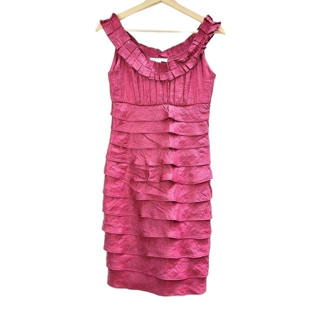 London Times Mauve Pink Shimmer Tiered Ruffle Cocktail Dress 4P